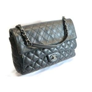CHANEL - Calfskin Quilted Black Leather Zip Flap Shoulder Bag w/Dustbag & Card